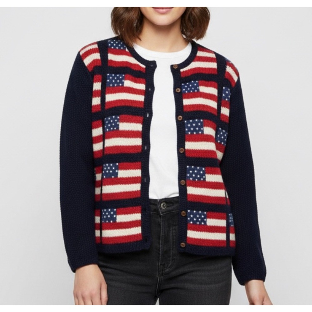 Vtg Marisa Christina Hand-Knitted AMERICAN FLAG SWEATER Cardigan Navy Blue Sz L